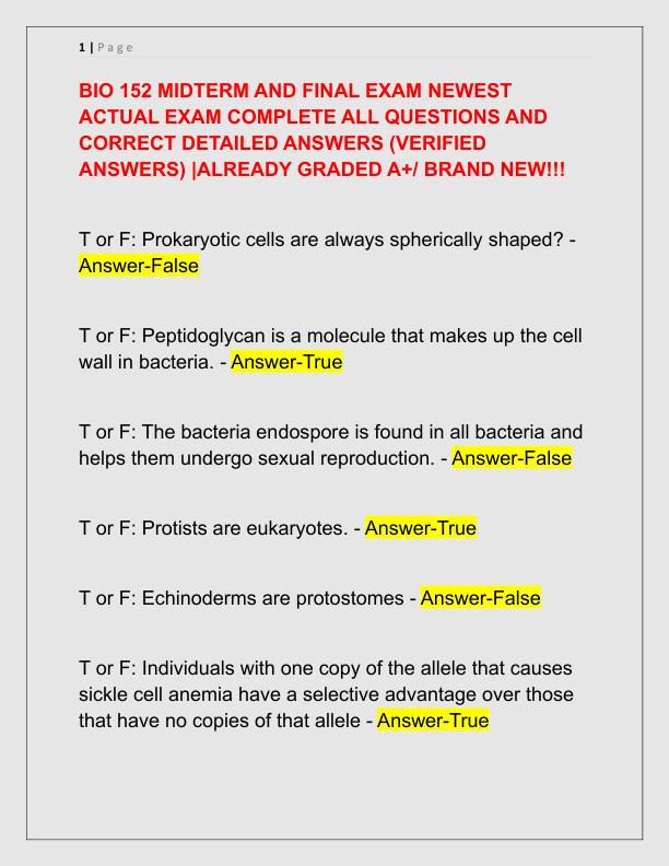 BIO 152 MIDTERM AND FINAL EXAM NEWEST ACTUAL EXAM COMPLETE ALL QUESTIONS AND CORRECT DETAILED ANSWERS