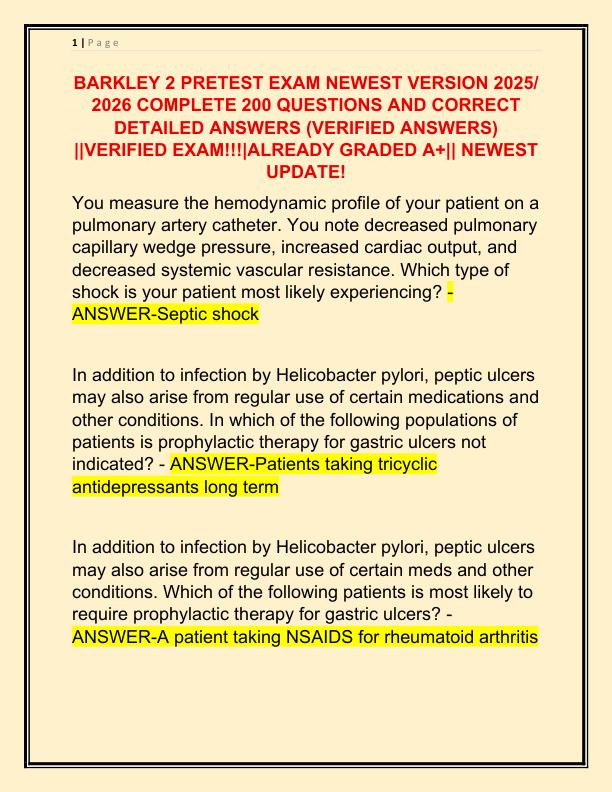 BARKLEY 2 PRETEST EXAM NEWEST VERSION 2025 COMPLETE 200 QUESTIONS AND CORRECT DETAILED ANSWERS
