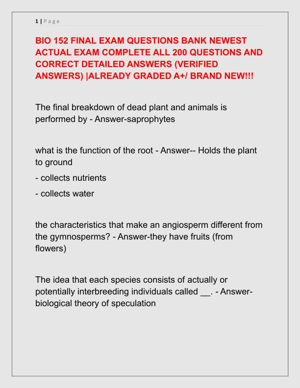 BIO 152 FINAL EXAM QUESTIONS BANK NEWEST ACTUAL EXAM COMPLETE ALL 200 QUESTIONS AND CORRECT DETAILED ANSWERS