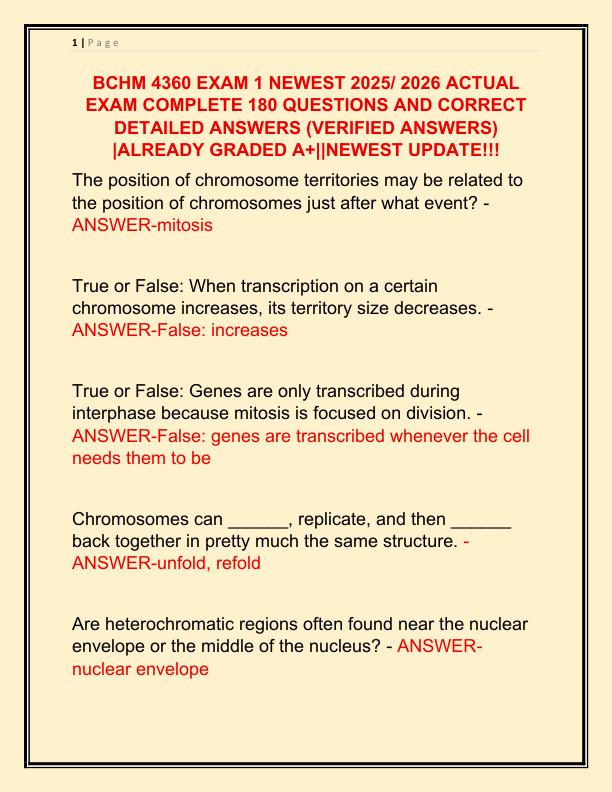 BCHM 4360 EXAM 1 NEWEST 2025 ACTUAL EXAM COMPLETE 180 QUESTIONS AND CORRECT DETAILED ANSWERS