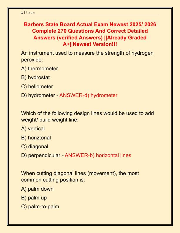 Barbers State Board Actual Exam Newest 2025 Complete 270 Questions And Correct Detailed Answers