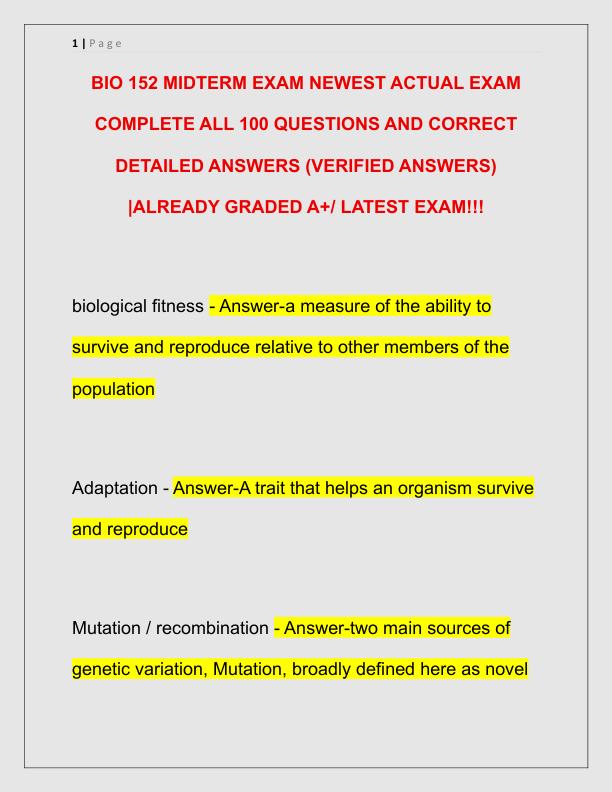 BIO 152 MIDTERM EXAM NEWEST ACTUAL EXAM COMPLETE ALL 100 QUESTIONS AND CORRECT DETAILED ANSWERS