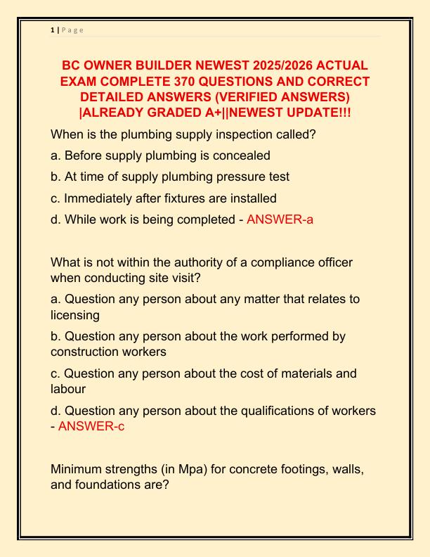 BC OWNER BUILDER NEWEST 2025 ACTUAL EXAM COMPLETE 370 QUESTIONS AND CORRECT DETAILED ANSWERS