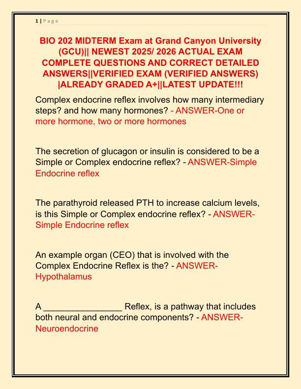 BIO 202 MIDTERM Exam at Grand Canyon University