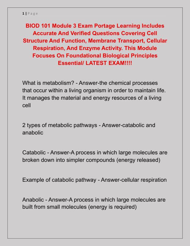 BIOD 101 Module 3 Exam Portage Learning Includes Accurate And Verified Questions Covering Cell Structure And Function
