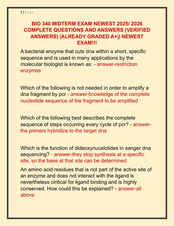 BIO 340 MIDTERM EXAM NEWEST 2025 COMPLETE QUESTIONS AND ANSWERS