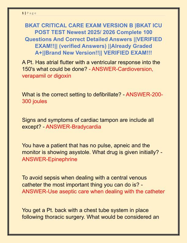 BKAT CRITICAL CARE EXAM VERSION B
