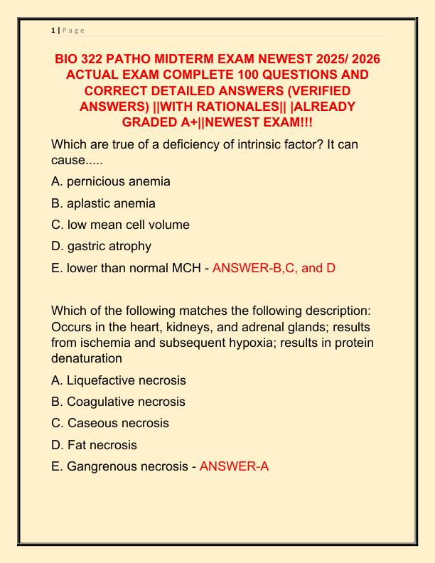 BIO 322 PATHO MIDTERM EXAM NEWEST 2025 ACTUAL EXAM COMPLETE 100 QUESTIONS AND CORRECT DETAILED ANSWERS