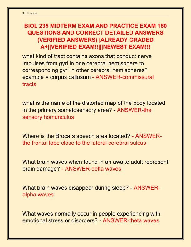 BIOL 235 MIDTERM EXAM AND PRACTICE EXAM 180 QUESTIONS AND CORRECT DETAILED ANSWERS