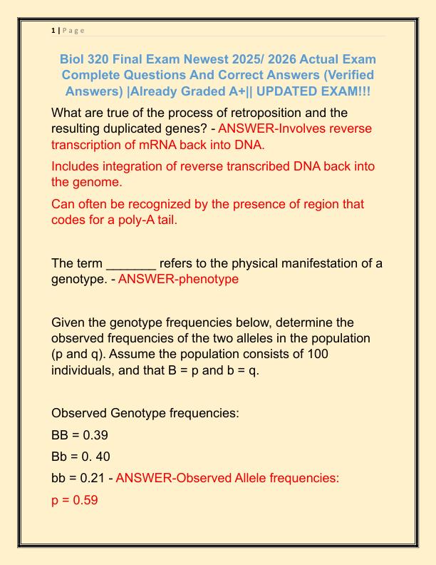Biol 320 Final Exam Newest 2025 Actual Exam Complete Questions And Correct Answers