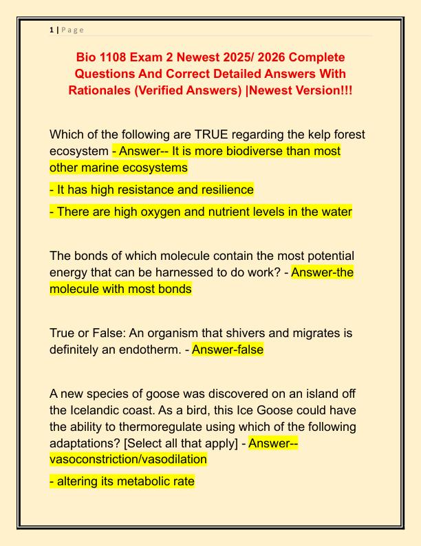 Bio 1108 Exam 2 Newest 2025