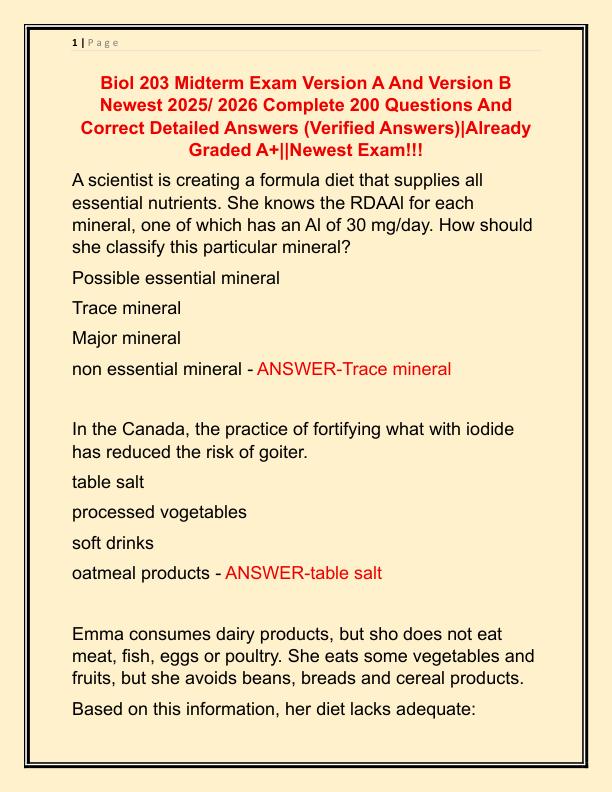 Biol 203 Midterm Exam Version A And Version B Newest 2025 Complete 200 Questions And Correct Detailed Answers
