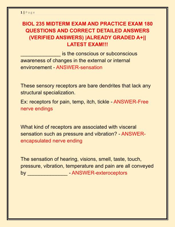 BIOL 235 MIDTERM EXAM AND PRACTICE EXAM 180 QUESTIONS AND CORRECT DETAILED ANSWER1
