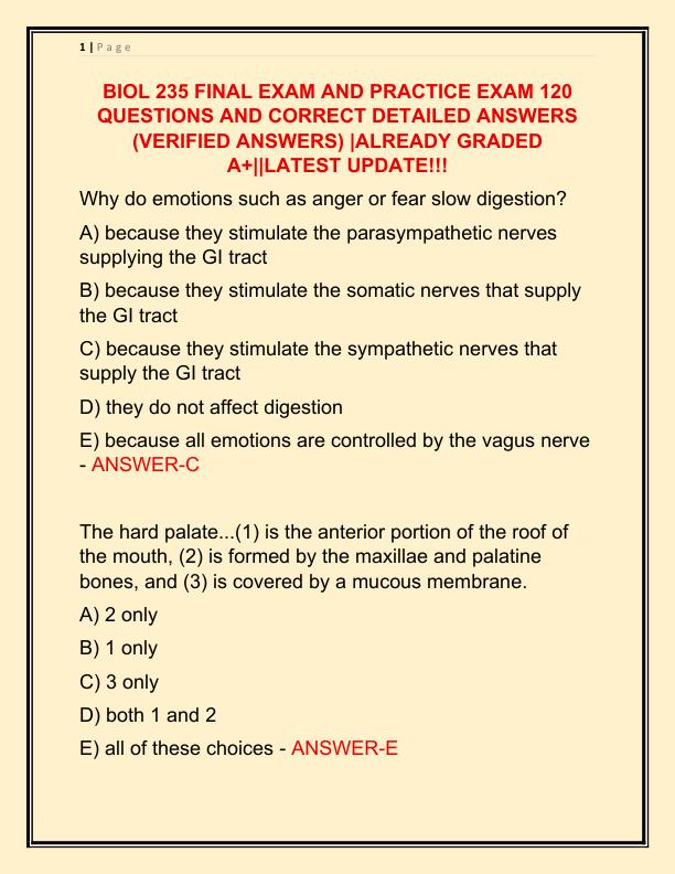 BIOL 235 FINAL EXAM AND PRACTICE EXAM 120 QUESTIONS AND CORRECT DETAILED ANSWERS
