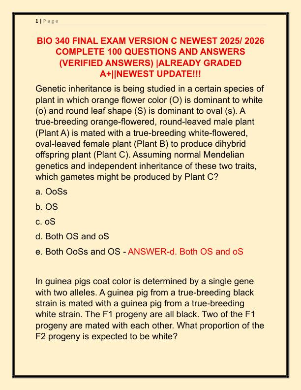 BIO 340 FINAL EXAM VERSION C NEWEST 2025 COMPLETE 100 QUESTIONS AND ANSWERS