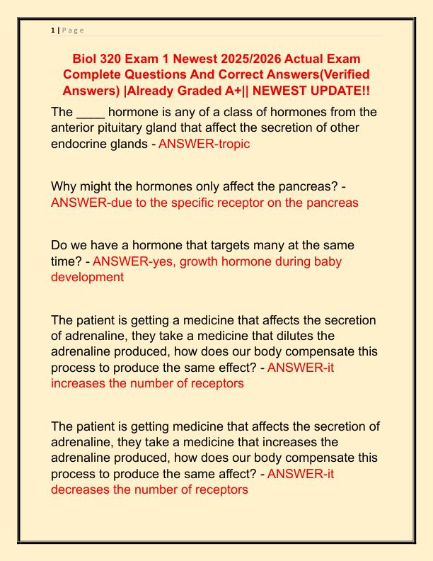 Biol 320 Exam 1 Newest 2025 Actual Exam Complete Questions And Correct Answers