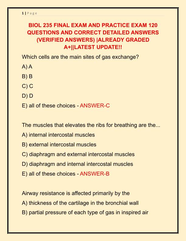 BIOL 235 FINAL EXAM AND PRACTICE EXAM 120 QUESTIONS AND CORRECT DETAILED ANSWER1