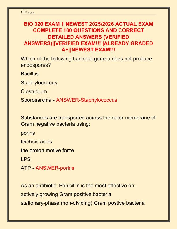 BIO 320 EXAM 1 NEWEST 2025 ACTUAL EXAM COMPLETE 100 QUESTIONS AND CORRECT DETAILED ANSWERS