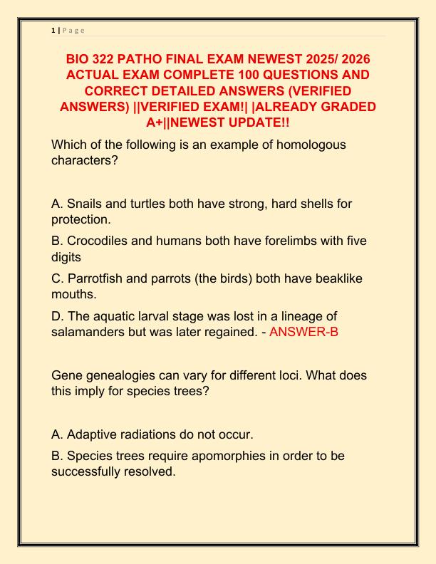BIO 322 PATHO FINAL EXAM NEWEST 2025 ACTUAL EXAM COMPLETE 100 QUESTIONS AND CORRECT DETAILED ANSWERS