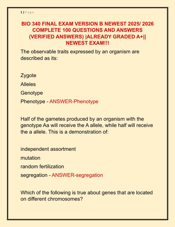 BIO 340 FINAL EXAM VERSION B NEWEST 2025 COMPLETE 100 QUESTIONS AND ANSWERS
