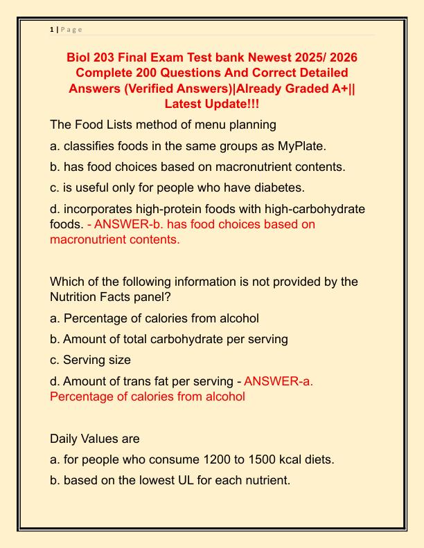 Biol 203 Final Exam Test bank Newest 2025 Complete 200 Questions And Correct Detailed Answers