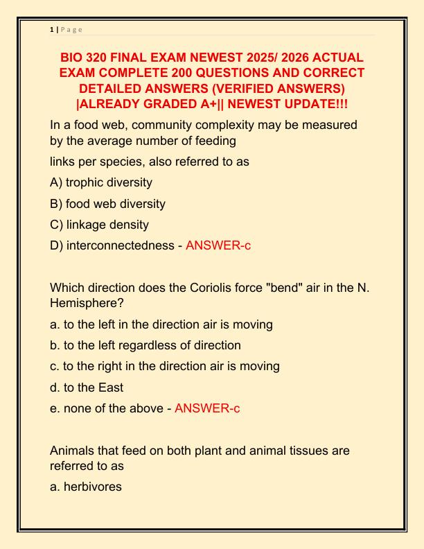 BIO 320 FINAL EXAM NEWEST 2025 ACTUAL EXAM COMPLETE 200 QUESTIONS AND CORRECT DETAILED ANSWERS