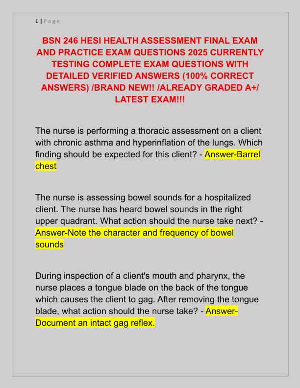 BSN 246 HESI HEALTH ASSESSMENT FINAL EXAM AND PRACTICE EXAM QUESTIONS 2025 CURRENTLY TESTING COMPLETE EXAM QUESTIONS WITH DETAILED VERIFIED ANSWERS