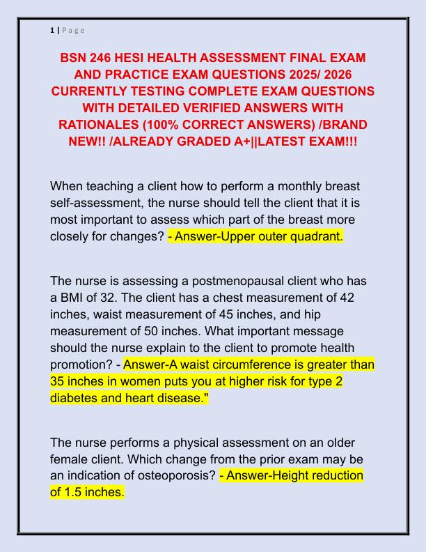 BSN 246 HESI HEALTH ASSESSMENT FINAL EXAM AND PRACTICE EXAM QUESTIONS 2025
