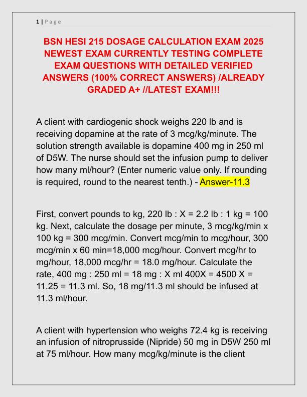 BSN HESI 215 DOSAGE CALCULATION EXAM 2025 NEWEST EXAM CURRENTLY TESTING COMPLETE EXAM QUESTIONS WITH DETAILED VERIFIED ANSWERS