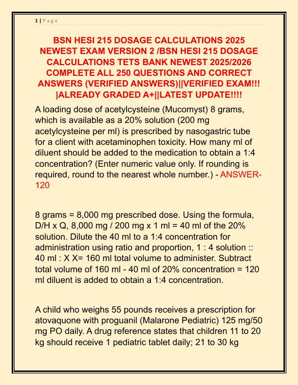 BSN HESI 215 DOSAGE CALCULATIONS 2025 NEWEST EXAM VERSION 2