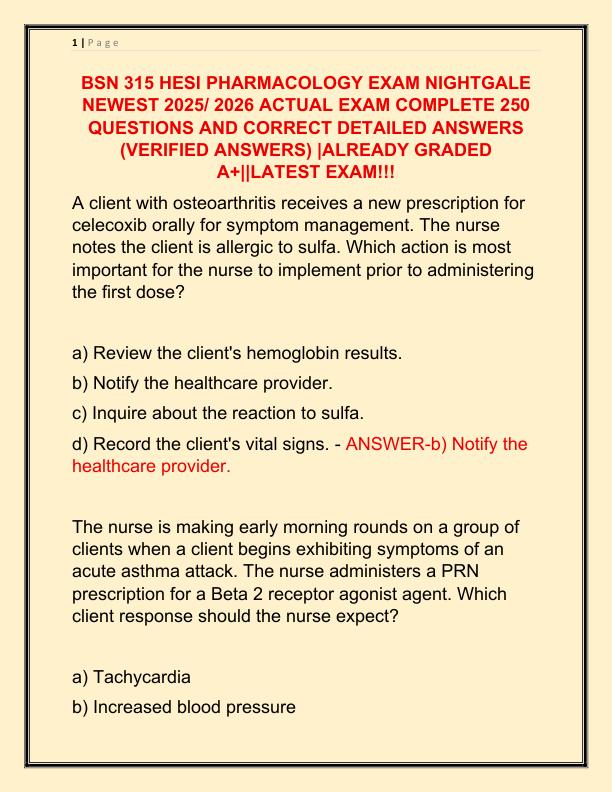 BSN 315 HESI PHARMACOLOGY EXAM NIGHTGALE NEWEST 2025 ACTUAL EXAM COMPLETE 250 QUESTIONS AND CORRECT DETAILED ANSWERS