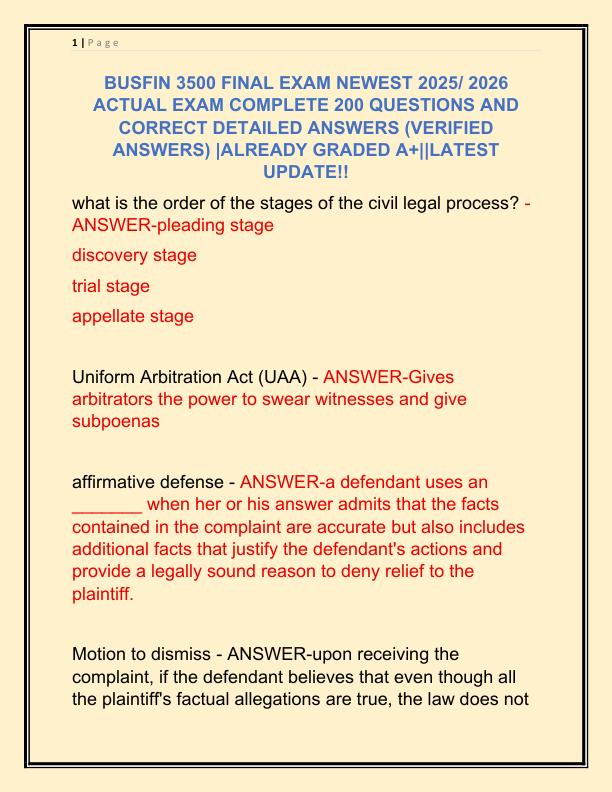 BUSFIN 3500 FINAL EXAM NEWEST 2025 ACTUAL EXAM COMPLETE 200 QUESTIONS AND CORRECT DETAILED ANSWERS