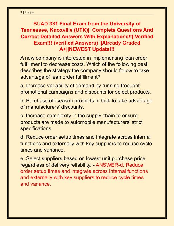 BUAD 331 Final Exam from the University of Tennessee