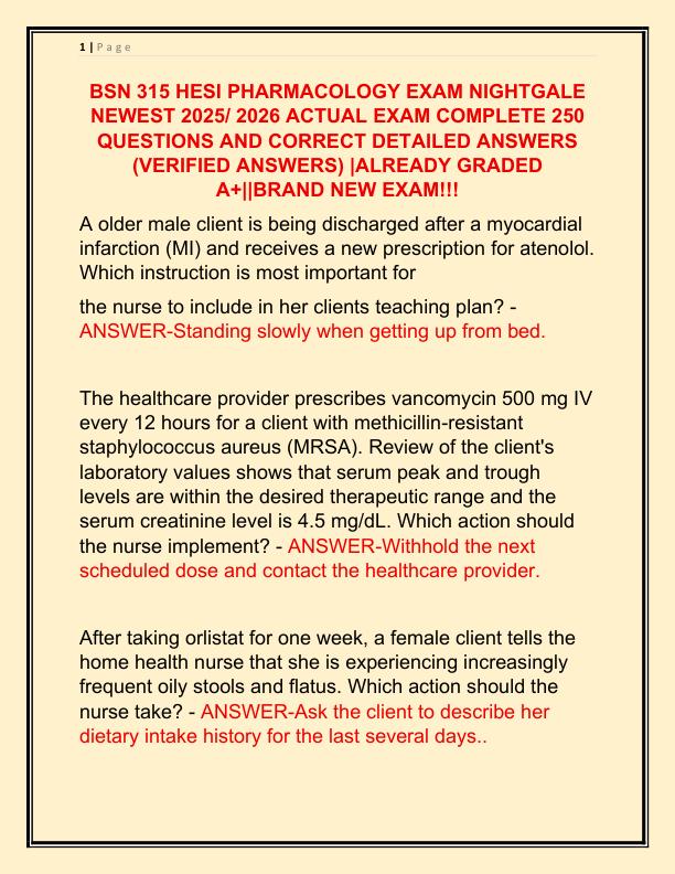 BSN 315 HESI PHARMACOLOGY EXAM NIGHTGALE NEWEST 2025 ACTUAL EXAM COMPLETE 250 QUESTIONS AND CORRECT DETAILED ANSWER1