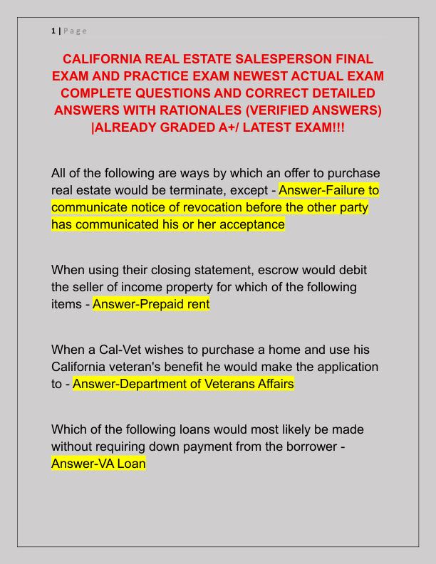 CALIFORNIA REAL ESTATE SALESPERSON FINAL EXAM AND PRACTICE EXAM NEWEST ACTUAL EXAM COMPLETE QUESTIONS AND CORRECT DETAILED ANSWERS WITH RATIONALES
