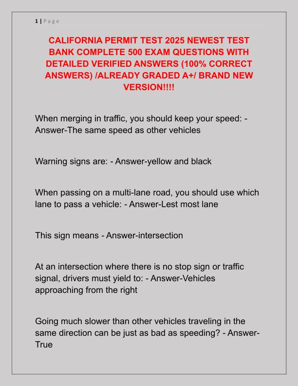 CALIFORNIA PERMIT TEST 2025 NEWEST TEST BANK COMPLETE 500 EXAM QUESTIONS WITH DETAILED VERIFIED ANSWERS