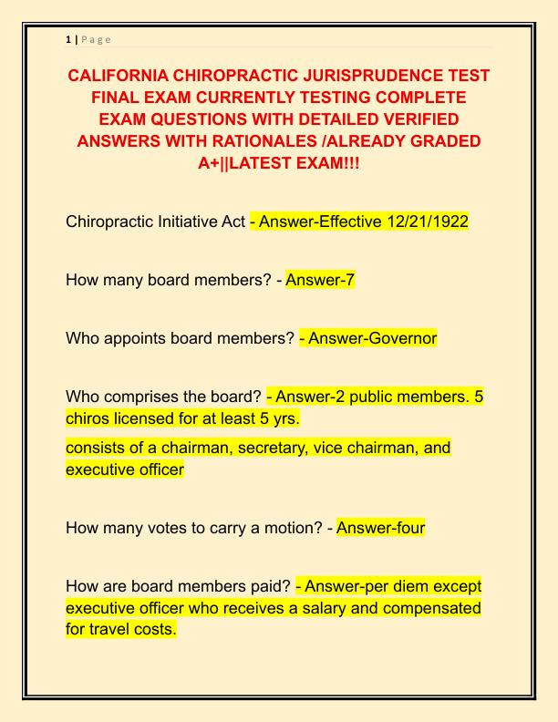 CALIFORNIA CHIROPRACTIC JURISPRUDENCE TEST FINAL EXAM CURRENTLY TESTING COMPLETE EXAM QUESTIONS WITH DETAILED VERIFIED ANSWERS WITH RATIONALES