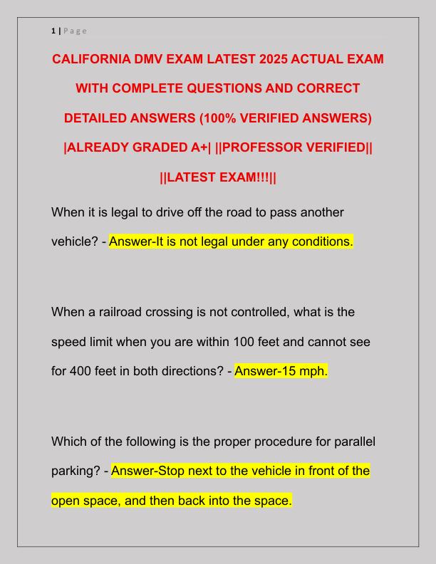 CALIFORNIA DMV EXAM LATEST 2025 ACTUAL EXAM WITH COMPLETE QUESTIONS AND CORRECT DETAILED ANSWERS