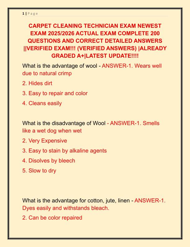CARPET CLEANING TECHNICIAN EXAM NEWEST EXAM 2025 ACTUAL EXAM COMPLETE 200 QUESTIONS AND CORRECT DETAILED ANSWERS