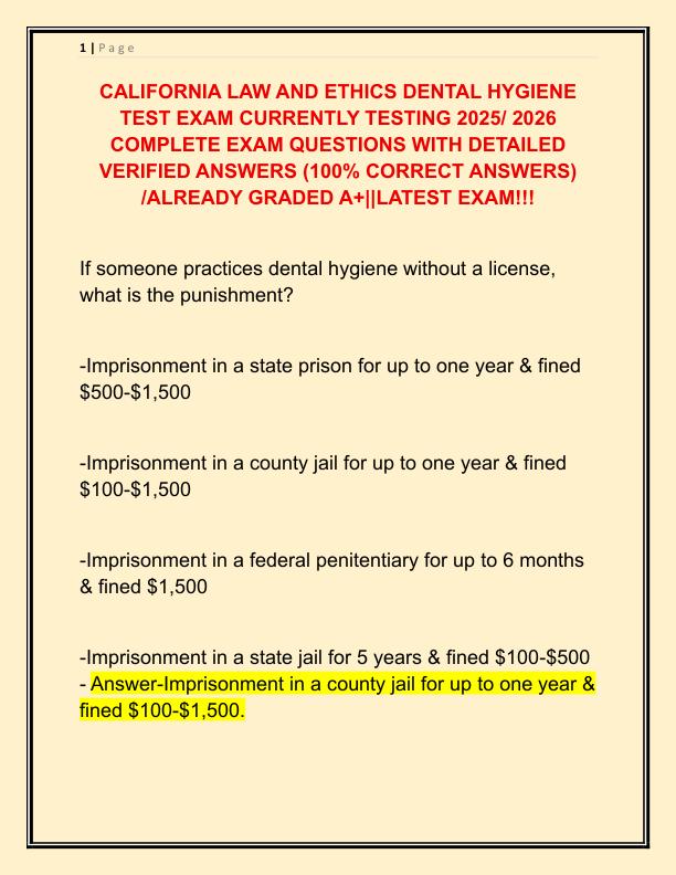 CALIFORNIA LAW AND ETHICS DENTAL HYGIENE TEST EXAM CURRENTLY TESTING 2025