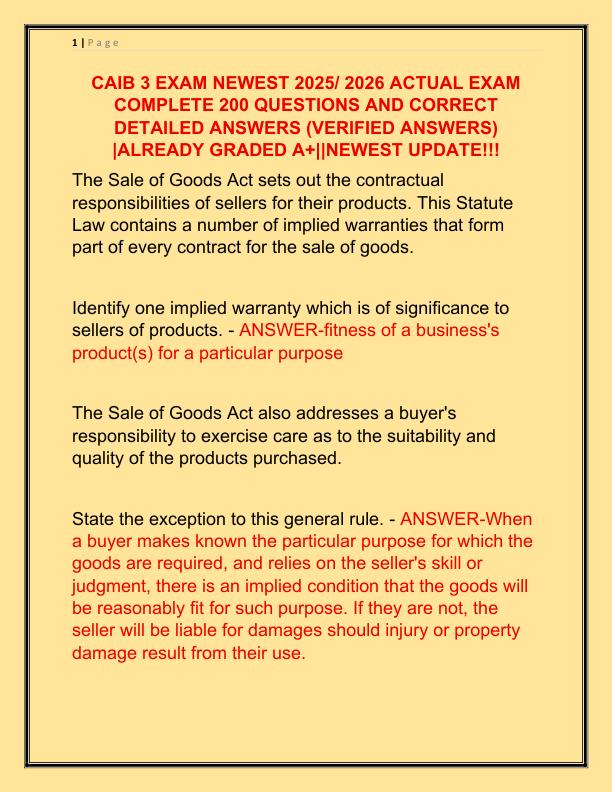 CAIB 3 EXAM NEWEST 2025 ACTUAL EXAM COMPLETE 200 QUESTIONS AND CORRECT DETAILED ANSWERS