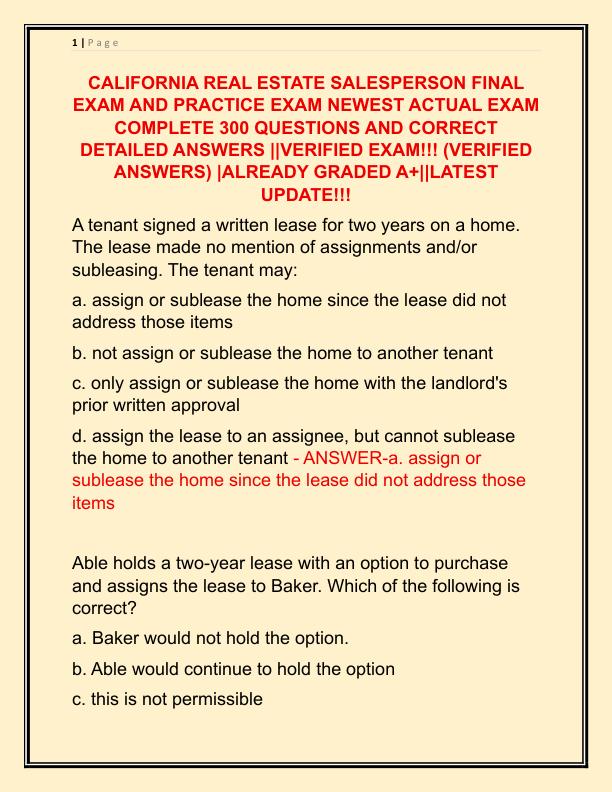 CALIFORNIA REAL ESTATE SALESPERSON FINAL EXAM AND PRACTICE EXAM NEWEST ACTUAL EXAM COMPLETE 300 QUESTIONS AND CORRECT DETAILED ANSWERS