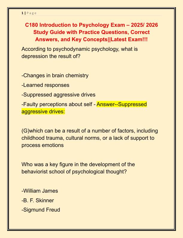 C180 Introduction to Psychology Exam