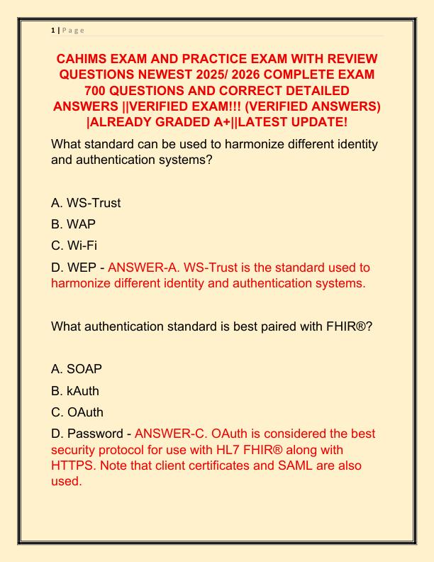 CAHIMS EXAM AND PRACTICE EXAM WITH REVIEW QUESTIONS NEWEST 2025 COMPLETE EXAM 700 QUESTIONS AND CORRECT DETAILED ANSWERS