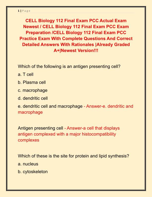 CELL Biology 112 Final Exam PCC Actual Exam Newest