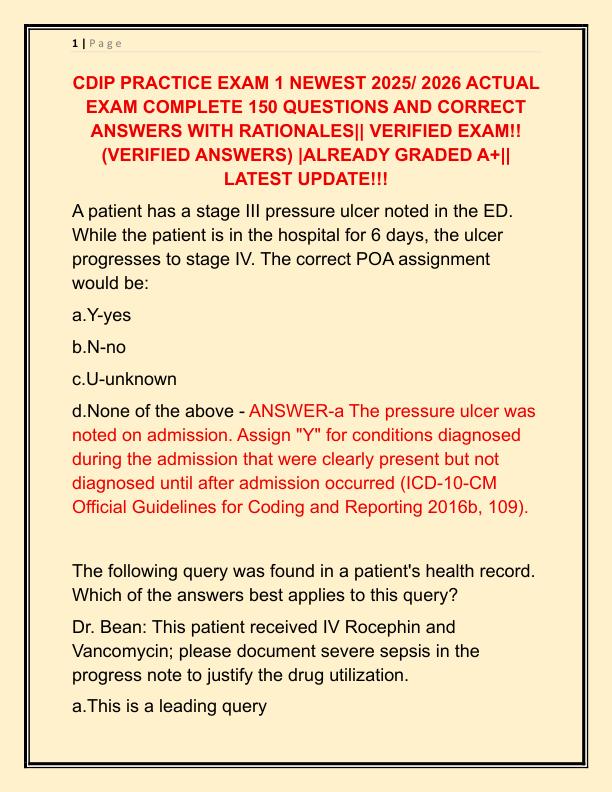 CDIP PRACTICE EXAM 1 NEWEST 2025 ACTUAL EXAM COMPLETE 150 QUESTIONS AND CORRECT ANSWERS WITH RATIONALES