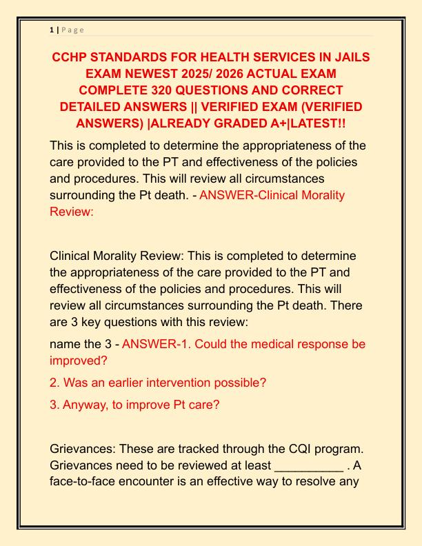 CCHP STANDARDS FOR HEALTH SERVICES IN JAILS EXAM NEWEST 2025 ACTUAL EXAM COMPLETE 320 QUESTIONS AND CORRECT DETAILED ANSWERS