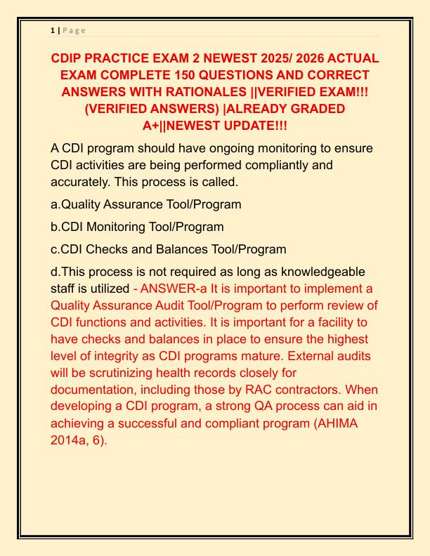 CDIP PRACTICE EXAM 2 NEWEST 2025 ACTUAL EXAM COMPLETE 150 QUESTIONS AND CORRECT ANSWERS WITH RATIONALES