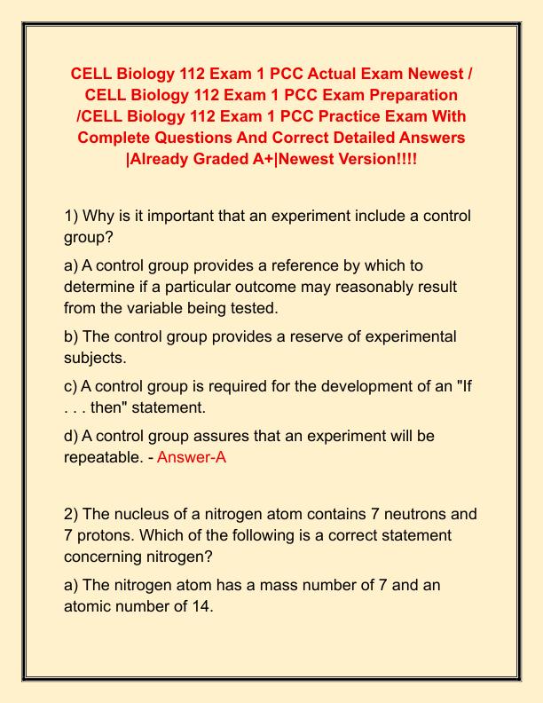 CELL Biology 112 Exam 1 PCC Actual Exam Newest