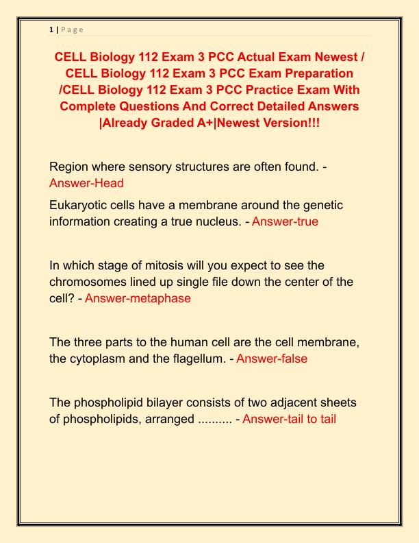 CELL Biology 112 Exam 3 PCC Actual Exam Newest
